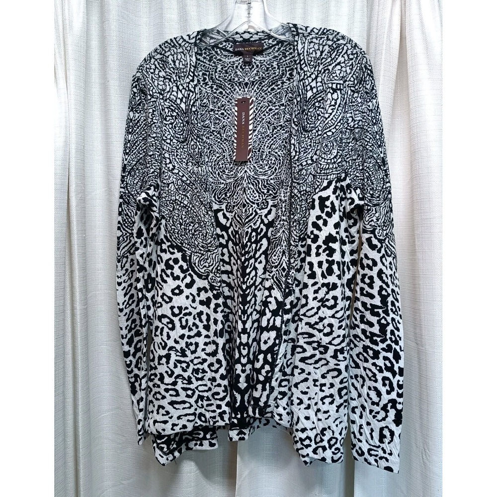 Dana Buchman Women's‎ Size L Black White Leopard Print Open Front Cardigan NWT